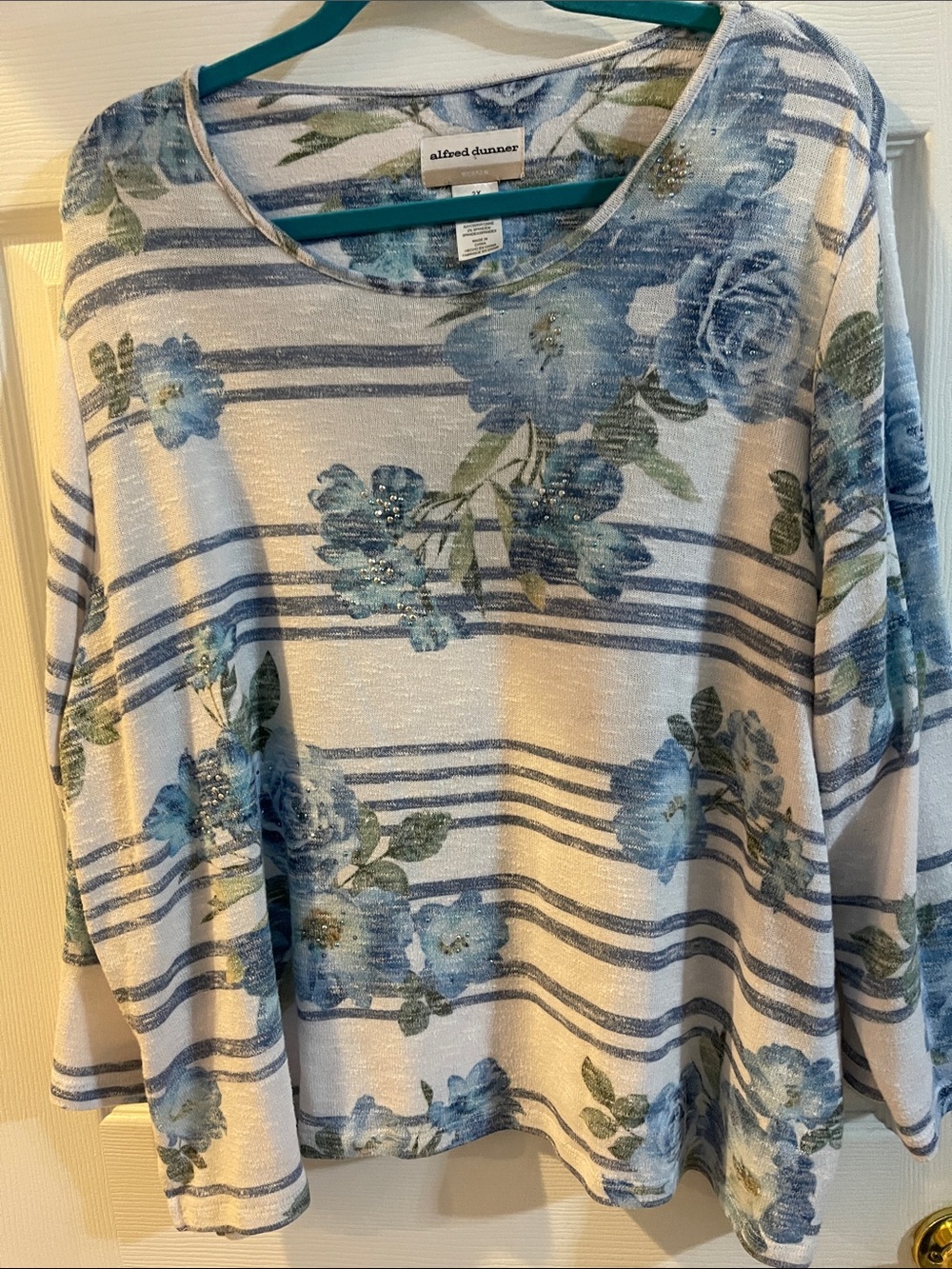 Alfred Dunner Blue Floral Stripe Long-Sleeve Top